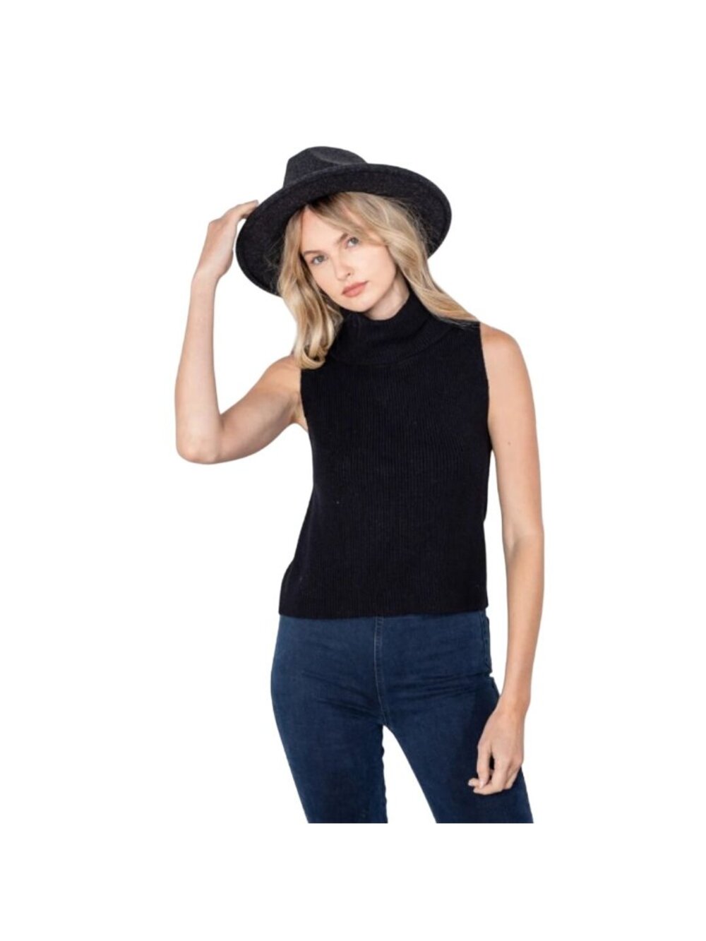 Reverof Sleeveless Turtleneck Sweater Sleeveless Top Womens S Black Knit  Soft N